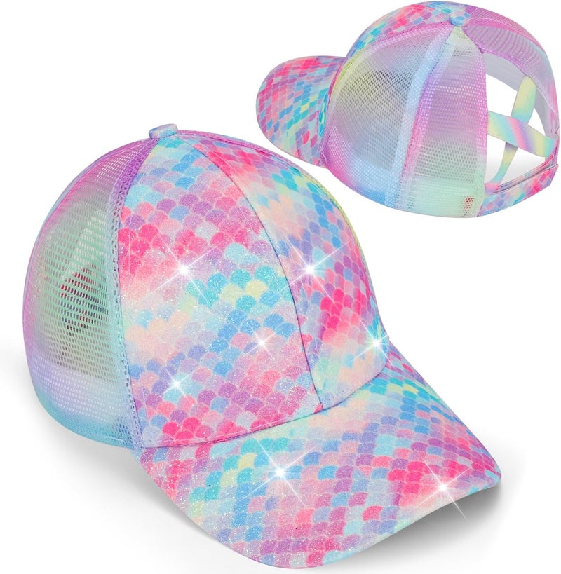 BROMZ Girls Glitter Baseball Cap Kids Ponytail Hat Adjustable Summer Mesh Trucker Hats for 4-12 Years - Image 1